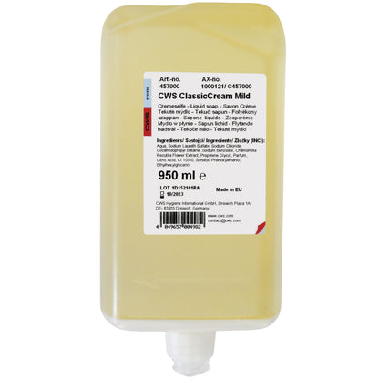 A rectangular refill container of CWS soap cream 950 ml from CWS, with a yellowish cream. The label lists product details, ingredients, barcode, and manufacturer information for a pleasant skin feeling.