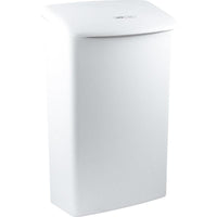 The CWS ParadiseLine Touch Hygiene Bin is a rectangular, white, wall-mounted hygiene bin with a domed lid and a discreet label, designed to ensure hygienic waste disposal in any restroom.