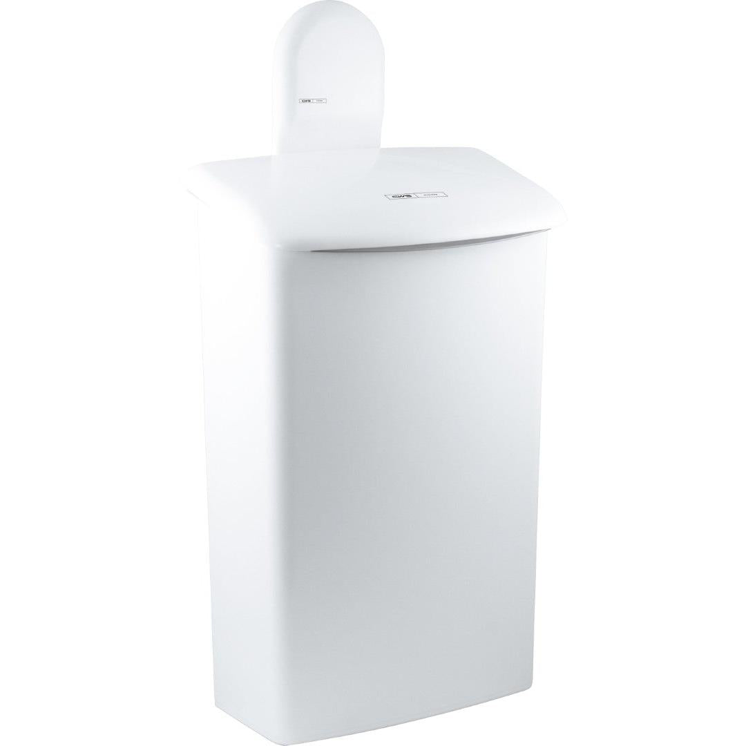 The CWS ParadiseLine wall mount for hygiene box 575000 is a white, rectangular wall waste bin for indoor use with a domed lid and smooth surface, designed by CWS for secure mounting.