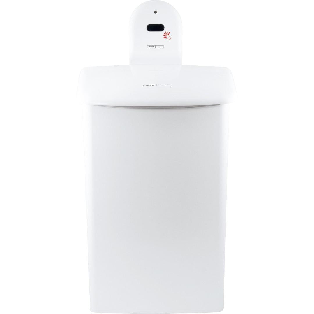 A white, rectangular, automatic trash can with a sensor area and hand symbol on the upper front, similar to the CWS ParadiseLine wall mount for hygiene box 575000 from CWS. Its lid is closed and its surface is smooth and clean.