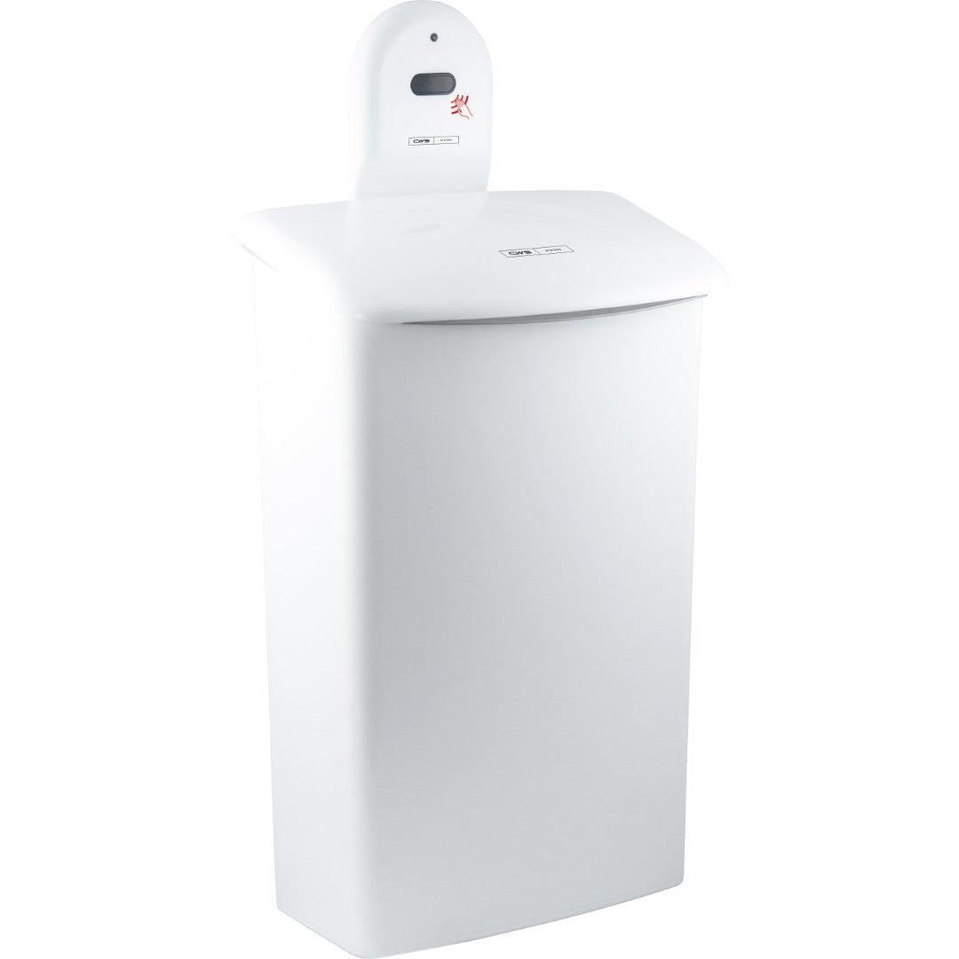 The CWS ParadiseLine wall mount for hygiene box 575000 is a white, rectangular, touchless trash can with a domed lid and automatic sensor above the opening, featuring a small black screen and a red control light.