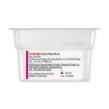 Eine rechteckige 80 ml CWS ParadiseLine Waschraumduft für Duftspender Paradise Air Bar mit der Aufschrift "CWS Flower Rain" mit Produkt-, Firmen- und Kontaktinformationen sowie einer Gebrauchsanweisung. Hergestellt in Deutschland. Gültig: 05/19. Los: 123456. Ideal als Waschraumduft.