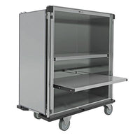 The Novocal Sterile Goods Transport Cart is a large, gray cart with wheels, an open front, two shelves, and a pull-out metal shelf made of satin-finished stainless steel—ideal for transporting or storing sterile goods in medical facilities.