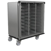 Le chariot de transport de matériel stérile Novocal, en acier inoxydable satiné, est équipé de plusieurs rails de support pour les modules, de quatre roulettes pivotantes et d'une façade ouverte permettant d'accéder facilement à vos plateaux.