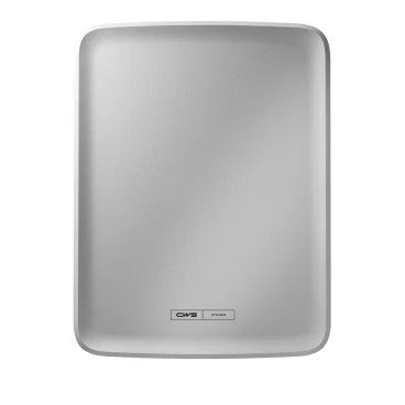 A rectangular, silver-colored CWS PureLine front panel for the Paperroll NT Hybrid dispenser made of sturdy metal with slightly raised edges and a small logo on one side, photographed against a white background.