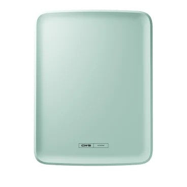 The rectangular, light green CWS PureLine front plate for the Paperroll NT Hybrid dispenser with rounded edges features a small black and white label with the inscription "DMS kitchen" at the bottom center, standing out against a plain white background.