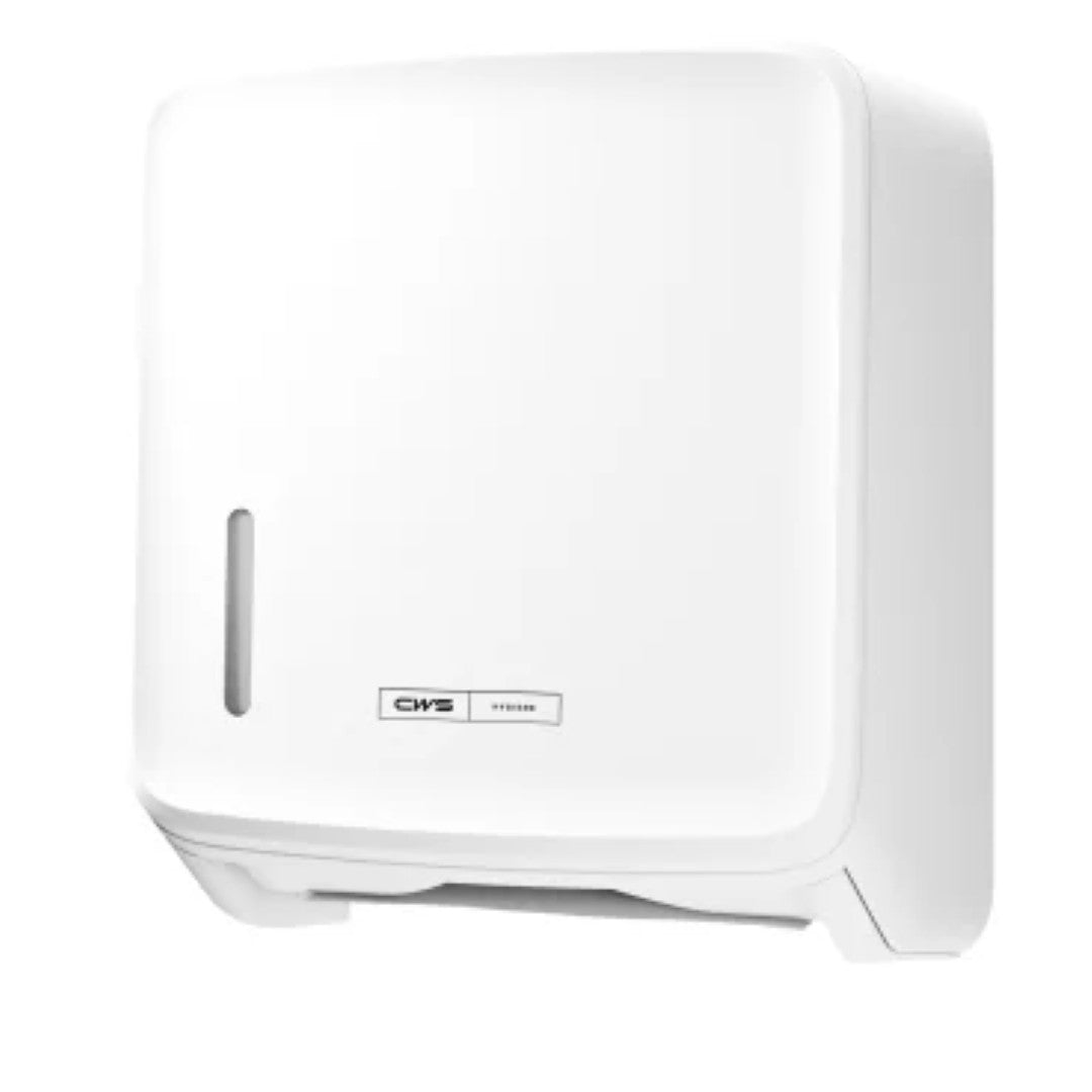 Der CWS PureLine Paper Faltpapierspender | Packung (1 Stück) von CWS ist ein weißer, wandmontierter Spender mit Frontfenster und Bodenschlitz, der eine hygienische Aufbewahrung und ein modernes Aussehen gewährleistet.