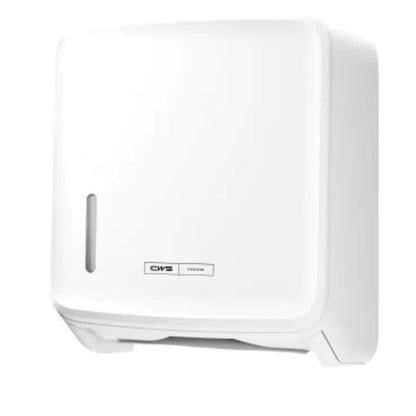 Der CWS PureLine Paper Faltpapierspender | Packung (1 Stück) von CWS ist ein weißer, wandmontierter Spender mit Frontfenster und Bodenschlitz, der eine hygienische Aufbewahrung und ein modernes Aussehen gewährleistet.