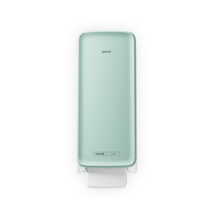 Ein mintgrüner CWS PureLine Cream Seifenspender von CWS mit dem Schriftzug "SOAP" oben und einem weißen Druckhebel, von oben auf weißem Hintergrund dargestellt - ideal für jeden Waschraum.