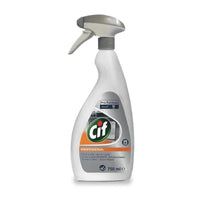 A 750-ml bottle of Cif Professional Oven and Grill Cleaner by Diversey Deutschland GmbH & Co. OHG. The white bottle with a gray spray nozzle features a label depicting a clean oven and grill, highlighting the cleaner’s effectiveness in removing grease and cleaning kitchen appliances.