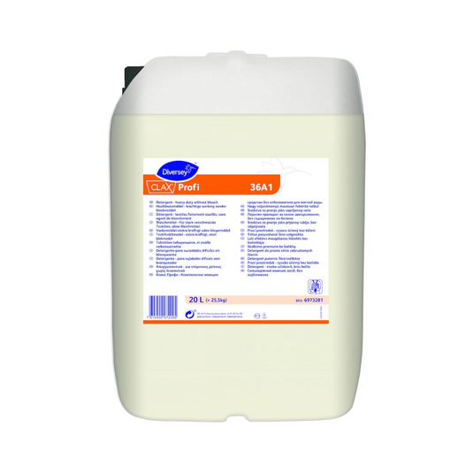 Le conteneur en plastique blanc porte l'étiquette « Clax Profi 36A1 » de Diversey Deutschland GmbH & Co. OHG dans un design bleu-orange. Ce détergent unique pour eau douce dispose d'informations produit détaillées en plusieurs langues et contient 20 litres de liquide, idéal pour les textiles légèrement à moyennement sales.