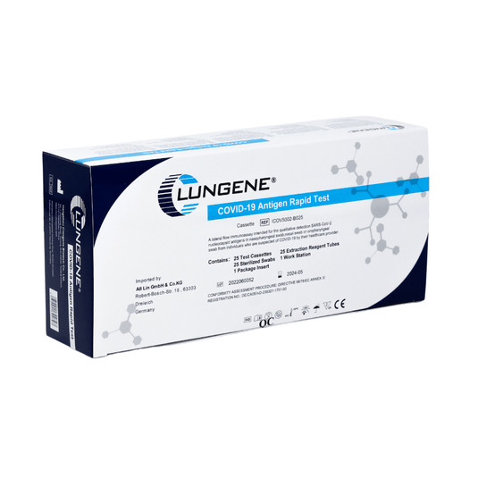 Una confezione di 25 test rapidi Clungene Antigen AT079/20, raffigurata su uno sfondo bianco, con le informazioni sul prodotto e i loghi.