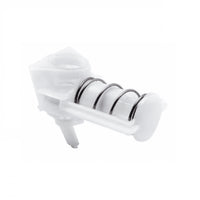 Ein weißes federbelastetes Ventil aus Kunststoff und Metall mit zwei O-Ringen, ein Ersatzteil für die 1ml Flüsssig Pumpe für Bulk Spender (Diversey Deutschland GmbH & Co. OHG), Standard in Soft Care Bulk Spender, dargestellt auf einem schlichten weißen Hintergrund.