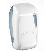 Le distributeur Soft Care de Diversey Deutschland GmbH & Co. OHG est un distributeur en plastique blanc, fixé au mur, destiné aux désinfectants ou au savon liquide. Il est doté d'une paroi latérale transparente et d'une grande surface de pression facilitant son utilisation.