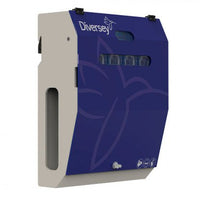 The DF5M (IOC) main unit from Diversey Germany is a smart, wall-mounted dispensing system with a blue front panel, a window slot, and icons—ideal for in-house laundries (up to 4 machines/products).