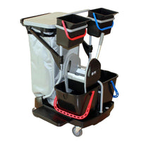 Der Enviro Trolley von Diversey Deutschland ist ein Trolley für die traditionelle Nassreinigung mit Rollen, großem grauen Beutel, vier schwarzen Eimern mit farbigen Griffen und Fächern für Reinigungszubehör. Packung: 1 Stück.