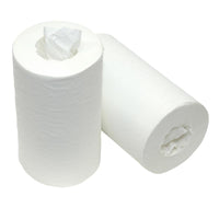 Two rolls of Diversey Deutschland GmbH & Co. OHG Mini 1-ply white wipes (20 cm x 150 m) are shown against a white background—one standing upright with a sheet, the other lying flat—ideal for effective cleaning.