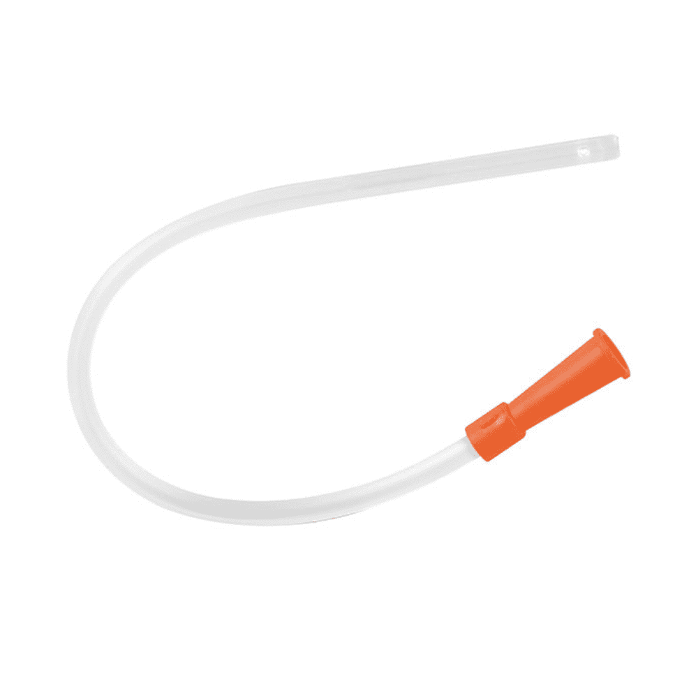 The DCT tracheostomy catheter sterile from Servoprax GmbH is a transparent plastic catheter with a curved shape and an orange funnel-shaped connector at one end, making it ideal for tracheostomy. The package contains 50 pieces, each with a length of 25 cm.