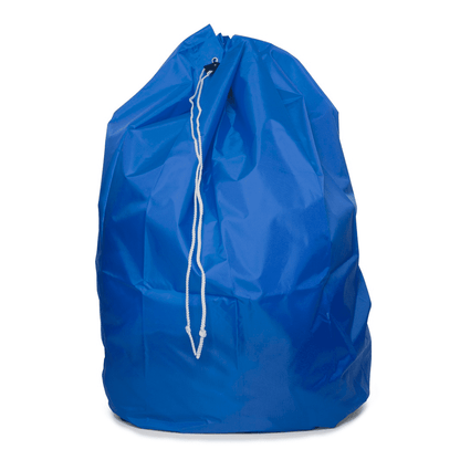 Un sac d'élimination DEISS avec cordon PP et boucle de fond, 120 litres, de EMIL DEISS KG (GmbH + Co.), dans un grand design bleu en polyester résistant, est représenté sur un fond blanc simple. Le haut du sac est solidement fermé par un cordon blanc robuste.