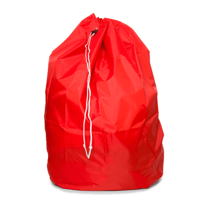 Sur un fond blanc simple est représenté un sac à cordon spacieux et rouge vif de 120 litres de EMIL DEISS KG (GmbH + Co.), connu sous le nom de sac d'élimination DEISS avec cordon PP et boucle de fond. Le sac en polyester résistant est solidement fermé en haut par un cordon blanc.