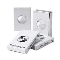 Four white dispensers for hygiene bags are on display. Two dispensers have a glossy finish, and the other two have a matte finish. The dispenser at the front bears the inscription “Hygienebeutel Hygiene Bags” with a globe logo; it is specifically designed for feminine hygiene products and is made of durable PE-HD film. The product is known as DEISS Universal Hygienebeutel by EMIL DEISS KG (GmbH + Co.) and contains 30 bags per package.
