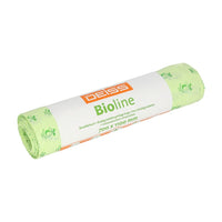 A roll of green, biodegradable DEISS 120-liter organic waste bags, labeled “EMIL DEISS KG (GmbH + Co.),” measuring 700 x 1100 mm. The words “biodegradable” are clearly visible on the packaging in several languages.