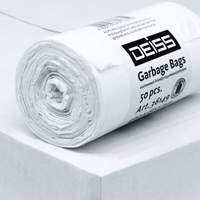 A roll of DEISS LDPE trash bags (30 liters), bearing the EMIL DEISS KG (GmbH + Co.) brand name and a label indicating a quantity of 50 bags, features the eco-friendly recycled LDPE film made from environmentally friendly, recycled polyethylene material on a white background.