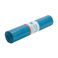 A roll of DEISS Premium Plus® 70-liter blue trash bags (10732) is neatly wound and wrapped with a white label. The label, featuring text and a small logo, provides information about the product and highlights the climate-neutral production practices of EMIL DEISS KG (GmbH + Co.). Against a simple white background, these bags are made from recycled PE materials.