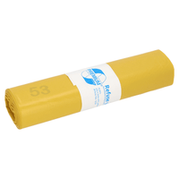 A yellow trash bag from the DEISS Premium 13730 line, known for its high tear resistance, features a white band with a blue logo and the word “Premium.” The number 53 is printed on the outer layer, highlighting the material’s high recycling quality. This product from EMIL DEISS KG (GmbH + Co.) is supplied on rolls of 25 bags each, measures 575x1000 mm, is made of LDPE, and has a capacity of 70 liters.