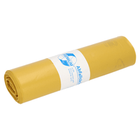 Un rouleau de sacs poubelle DEISS Premium 13704 de la société EMIL DEISS KG (GmbH + Co.), de couleur jaune et fabriqués à partir de matériaux recyclés, a une capacité de 70 litres. Il est entouré d'une étiquette blanche comportant du texte et des illustrations en bleu.