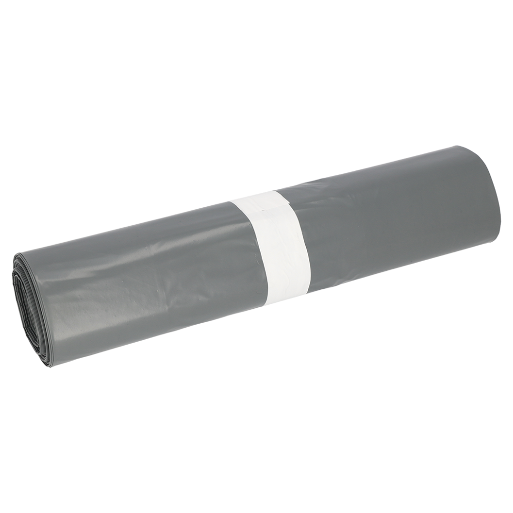 Ein aufgerollter grauer DEISS Premium® Typ 60 Müllsack, hergestellt aus hochwertigem Recyclingmaterial der EMIL DEISS KG (GmbH + Co.), ist mit einem weißen Streifen gesichert. Der Untergrund ist uniweiß.