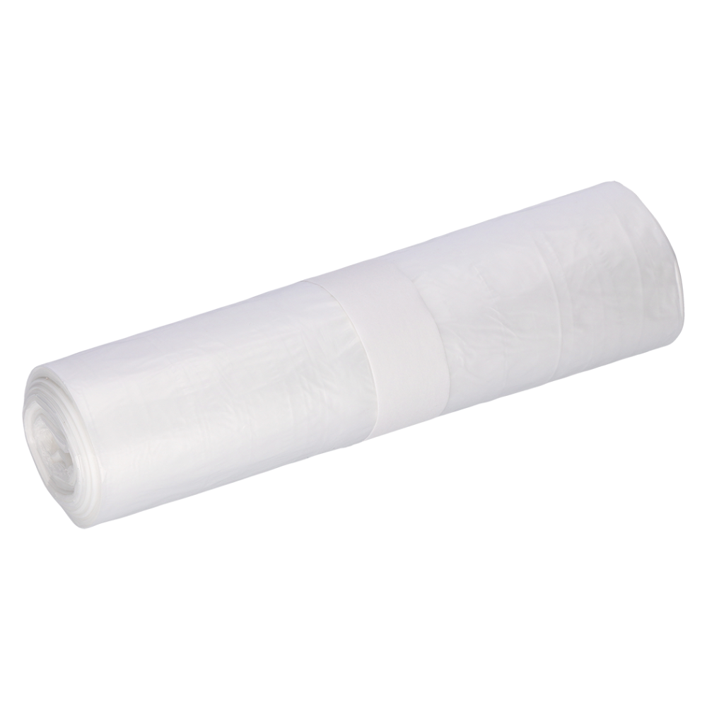 Su uno sfondo bianco è raffigurato un rotolo di sacchi per rifiuti trasparenti DEISS Standard® 59820 realizzati con materiale riciclato durevole della EMIL DEISS KG (GmbH + Co.). Il rotolo da 40 litri è avvolto saldamente e al centro è fissato con un'unica etichetta sovrapposta.