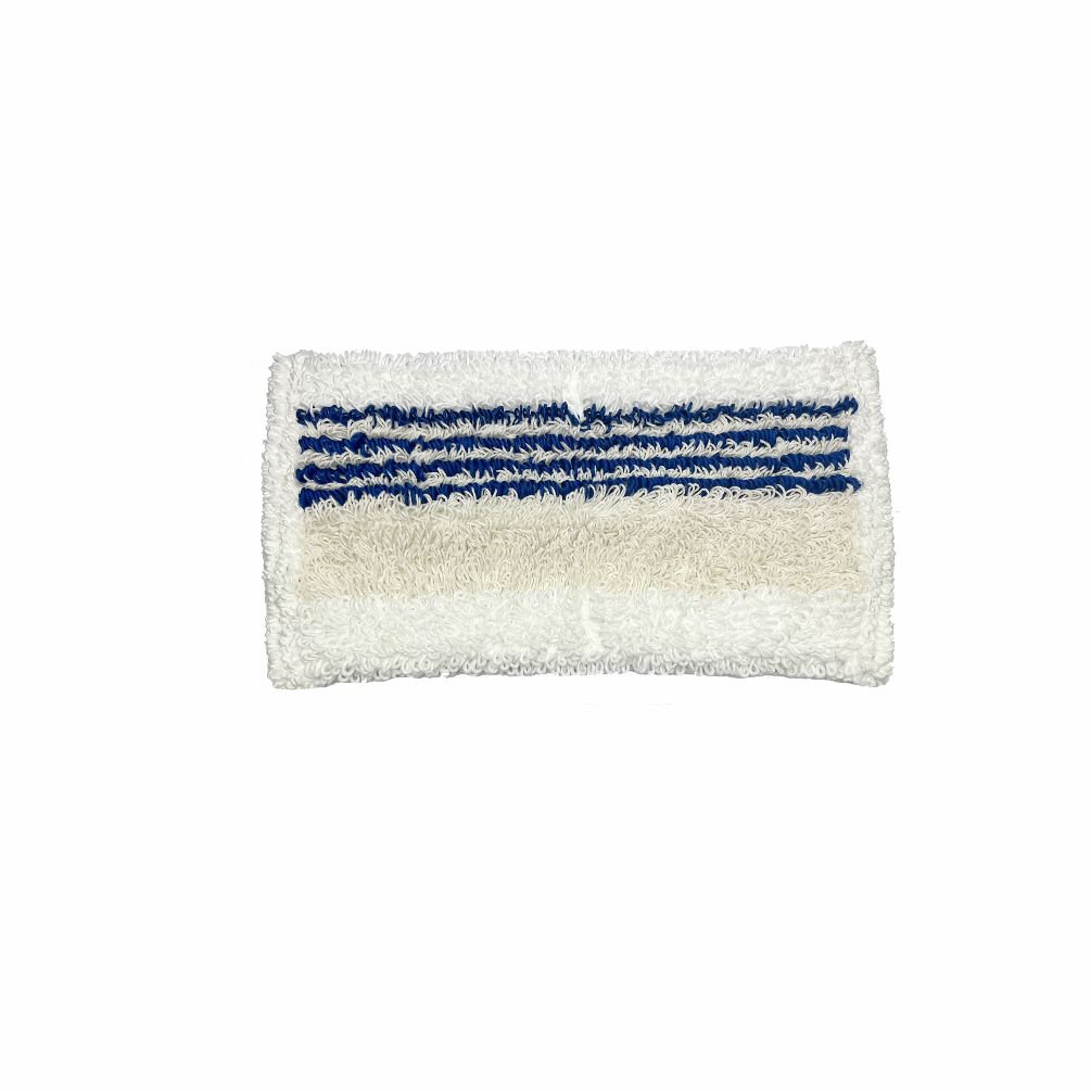 Un tampon de nettoyage rectangulaire blanc Arcora Doppelmopp 2.0 Micro-Plus Bleu avec bord micro de Arcora International GmbH, avec des bandes structurées bleues et blanches - idéal pour le nettoyage en microfibre ; disponible en cartons de 50 pièces.