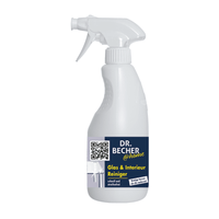Un vaporisateur blanc portant l'inscription «DR.BECHER @home Nettoyant pour vitres et intérieurs | Flacon (500 ml) » de la Dr. Becher GmbH promet un éclat sans traces sur le verre et l'inox. L'étiquette, qui comporte des éléments graphiques bleus et jaunes, comporte un code QR. La buse de pulvérisation blanche est située sur le dessus, ce qui facilite l'utilisation.