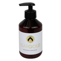 A brown plastic pump bottle labeled "Dr. Schnell "ISARGOLD Hand Cream with Precious Essences, for Intensive Skin Care" (250 ml) by DR.SCHNELL GmbH & Co. KGaA is displayed against a plain white background.