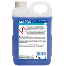 Ein 2 kg Kunststoffbehälter Dr. Schnell MAFOR smart ECO der DR.SCHNELL GmbH & Co. KGaA, mit blauer Flüssigkeit, einem Henkel, Warnaufkleber und Gefahrensymbol auf der Vorderseite.