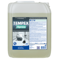A 10-liter plastic canister from the Dr. Schnell TEMPEX XPRESS Express High-Performance Cleaner for Hard Floors by DR.SCHNELL GmbH & Co. KGaA, labeled with instructions, safety symbols, and illustrations of cleaning machines—ideal for professional use.
