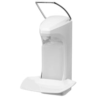 The Dr. Schumacher RX5 Wall-Mounted Dispenser is a white, wall-mounted dispenser with a top-mounted lever and drip tray, suitable for liquid soap or Dr. Schumacher disinfectant—perfect for public or commercial restrooms.