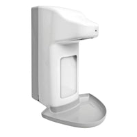 Il dosatore touchless in plastica da 500 ml della Dr. Schumacher GmbH è un dosatore bianco, azionato da sensore, dal design verticale e dotato di una vaschetta inferiore per la raccolta dell’acqua, raffigurato su uno sfondo bianco semplice.