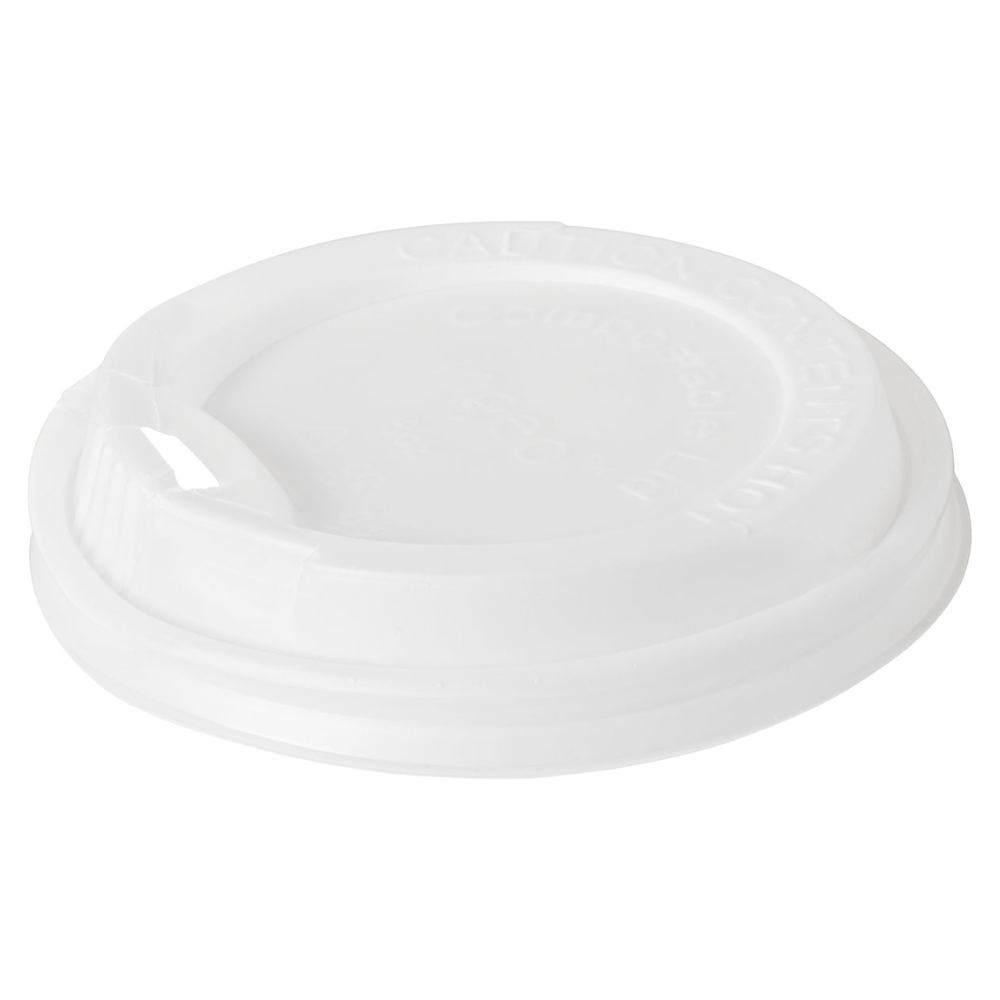 A white CPLA disposable coffee cup lid with a drinking opening and embossed warning notice, ideal for hot drinks, is available from Duni GmbH under the name "Lid for 170701/170634/182847 24 cl White" in a pack of 40.
