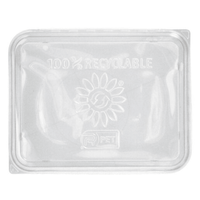 Le couvercle Starpak pour barquettes micro-ondes, un couvercle en plastique transparent mesurant 23,4 x 18,7 cm, présente un motif représentant un soleil et un symbole de recyclage du PET au centre, accompagné de la mention « 100 % recyclable ». Il est livré par lot de 50 pièces.