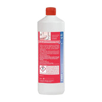 Une bouteille en plastique blanche avec un bouchon rouge. Sur l'étiquette figurent des mentions en allemand ainsi que des symboles de danger indiquant qu'elle contient un Dr. Becher SR 100 Nettoyant d'entretien sanitaire Fresh de Dr. Becher GmbH.