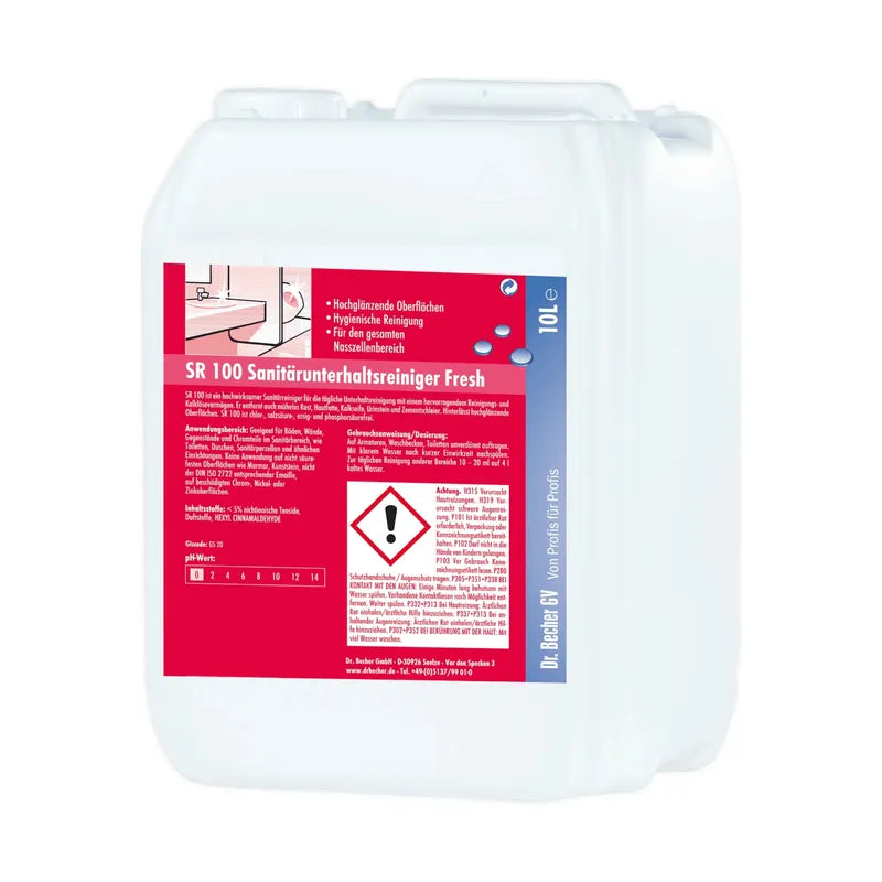 Un contenitore di plastica bianco con la scritta tedesca "Dr. Becher SR 100 Detergente per la manutenzione sanitaria Fresh" in rosso e blu. Contiene simboli di avvertimento e un codice a barre.