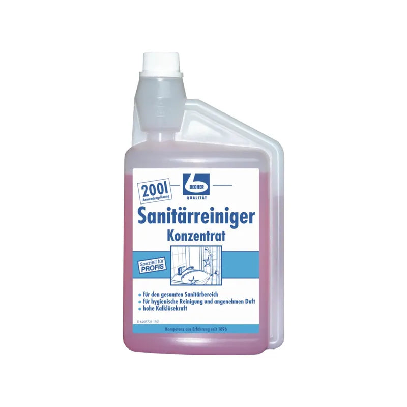 Bottiglia di plastica Dr. Becher Detergente sanitario concentrato - 1 litro | Bottiglia (1000 ml), un detergente per il bagno concentrato per la pulizia quotidiana di manutenzione. L'etichetta è in lingua tedesca e riporta il nome della Dr. Becher GmbH.