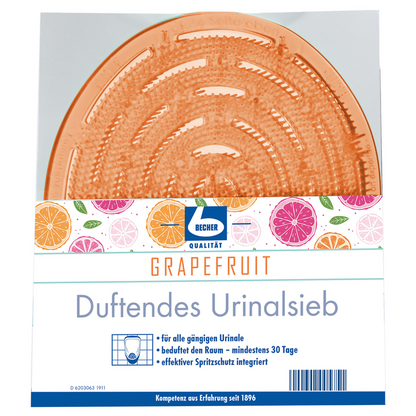 Aromatic, grapefruit-scented urinal screen by Dr. Becher GmbH with an orange, round mat visible through a transparent front. The label includes fruit illustrations and a German text describing