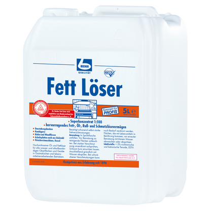 Un bianco recipiente di plastica da 5 litri con la scritta "Dr. Becher Sciogli Grasso" in blu e rosso. L'etichetta fornisce informazioni sull'uso del sciogli grasso per professionisti nel settore della cucina,