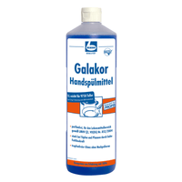 Une bouteille en plastique bleue contenant Dr. Becher Liquide vaisselle Galakor - 1 litre | Bouteille (1 000 ml), un liquide vaisselle professionnel sans parfum de la Dr. Becher GmbH. L'étiquette, principalement blanche avec un texte bleu et un motif représentant une assiette et des bulles, indique que le produit est destiné à un usage professionnel, qu'il offre une puissance nettoyante maximale et qu'il est en même temps adapté au contact alimentaire.