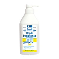 A bottle of hand sanitizer gel with a dispenser from Dr. Becher GmbH with a pump dispenser. The label is predominantly blue and yellow and features text and graphics indicating that it is intended for professional hand hygiene.