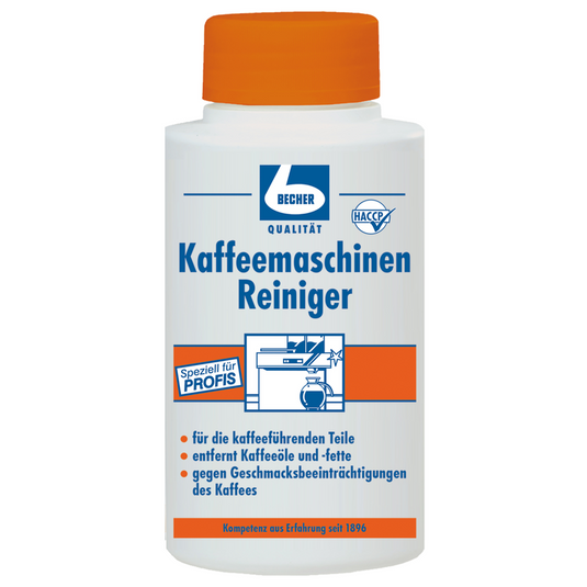 Die Dr. Becher Kaffeemaschinen Reiniger, 1000g Flasche der Dr. Becher GmbH ist eine weiße Kunststoffflasche mit blauer und oranger Schrift, deutscher Anleitung und Qualitäts-/HACCP-Logos - perfekt für die Reinigung und Pflege von Kaffeemaschinen.