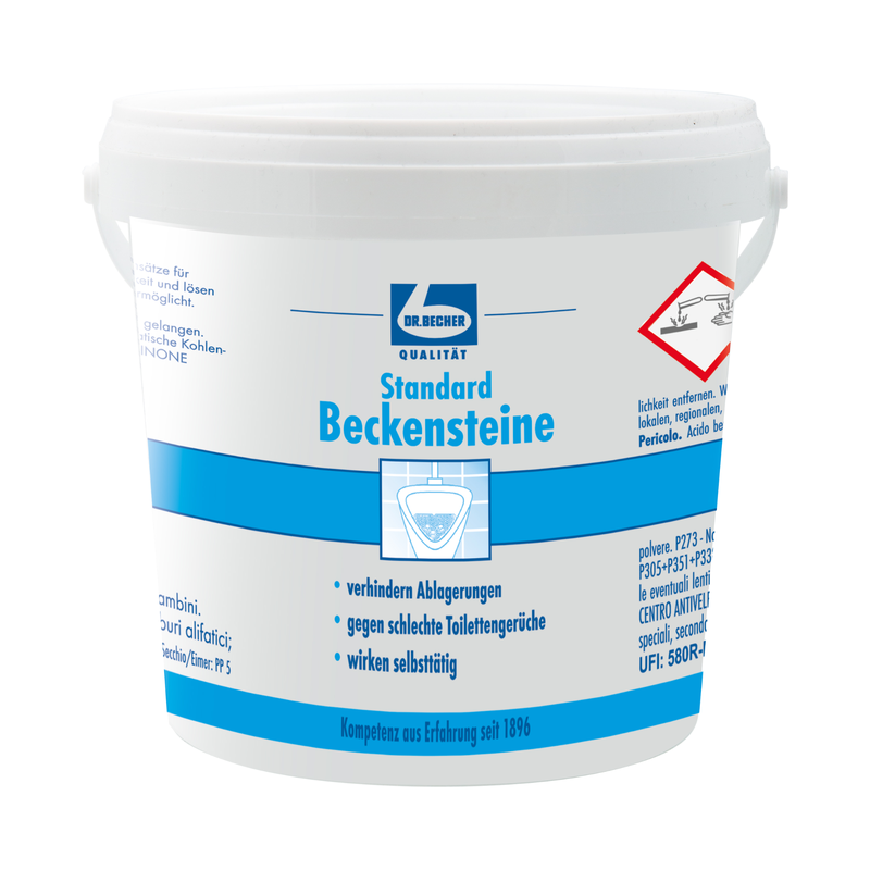 Ein weißer Kunststoffbehälter mit der Aufschrift "Auslaufartikel: Dr. Becher Beckensteine Standard - 30 Stück | Packung" der Dr. Becher GmbH, mit blauen Akzenten, deutschem Text, Gefahrensymbol und Sicherheitshinweisen; ideal für die Reinigung von Toiletten und Urinalen.